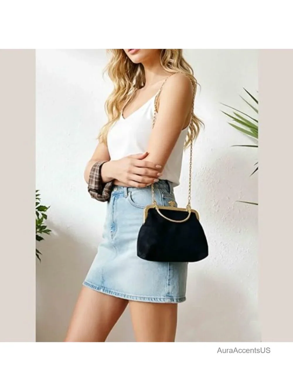 Vintage Kiss Lock Faux Suede Handbag Purse Crossbody Shoulder Bag Chain Strap
